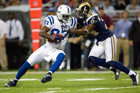 ST. LOUIS, MO - OCTOBER 25: Reggie Wayne #87 of the Indianapolis Colts looks to get past Ron Bartell #24 of the St. Louis Rams at the Edward Jones Dome on October 25, 2009 in St. Louis, Missouri.  The Colts beat the Rams 42-6.  <br /><br /><span class="help">(Photo by Dilip Vishwanat/Getty Images)</span>