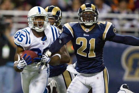 ST. LOUIS, MO - OCTOBER 25: Pierre Garcon #85 of the Indianapolis Colts attempts to make a catch against Oshiomogho Atogwe #21 of the St. Louis Rams at the Edward Jones Dome on October 25, 2009 in St. Louis, Missouri.  The Colts beat the Rams 42-6.  <br /><br /><span class="help">(Photo by Dilip Vishwanat/Getty Images)</span>