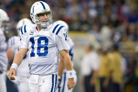 ST. LOUIS, MO - OCTOBER 25: Peyton Manning #18 of the Indianapolis Colts leaves the field against the St. Louis Rams at the Edward Jones Dome on October 25, 2009 in St. Louis, Missouri.  The Colts beat the Rams 42-6.  <br /><br /><span class="help">(Photo by Dilip Vishwanat/Getty Images)</span>