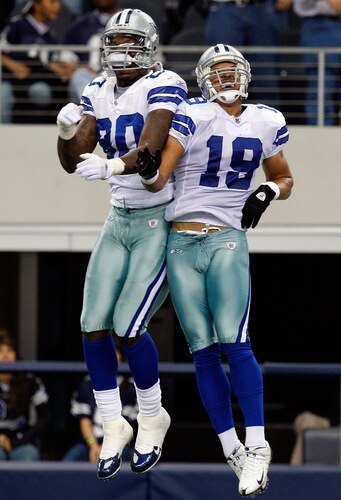 ARLINGTON, TX - OCTOBER 25:  Wide receiver Miles Austin #19 of the Dallas Cowboys celebrates a touchdown with Martellus Bennett #80 against the Atlanta Falcons at Cowboys Stadium on October 25, 2009 in Arlington, Texas.  <br /><br /><span class="help">(Photo by Ronald Martinez/Getty Images)</span>
