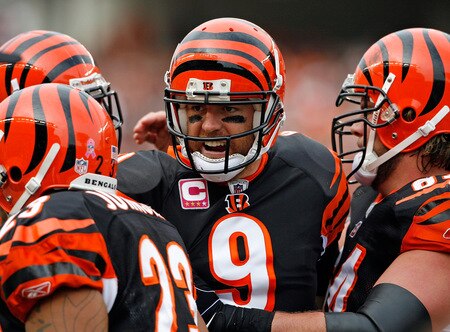 CINCINNATI - OCTOBER 25:  Carson Palmer #9 of the Cincinnati Bengals celebrates after thowing a touchdown pass during the NFL game against the Chicago Bears at Paul Brown Stadium on October 25, 2009 in Cincinnati, Ohio.  The Bengals won 45-10.  <br /><br /><span class="help">(Photo by Andy Lyons/Getty Images)</span>