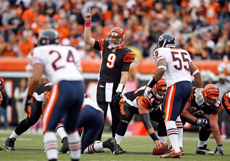 CINCINNATI - OCTOBER 25:  Carson Palmer #9 of the Cincinnati Bengals gives instructions to his team during the NFL game against the Chicago Bears at Paul Brown Stadium on October 25, 2009 in Cincinnati, Ohio.  The Bengals won 45-10.  <br /><br /><span class="help">(Photo by Andy Lyons/Getty Images)</span>