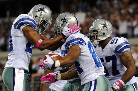 ARLINGTON, TX - OCTOBER 25:  (L-R) Alan Ball #20 and Patrick Crayton #84 of the Dallas Cowboys celebrate a touchdown against the Atlanta Falcons at Cowboys Stadium on October 25, 2009 in Arlington, Texas.  <br /><br /><span class="help">(Photo by Ronald Martinez/Getty Images)</span>