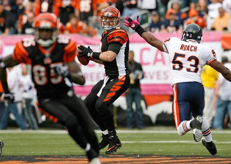CINCINNATI - OCTOBER 25:  Carson Palmer #9 of the Cincinnati Bengals looks to pass the ball  during the NFL game against the Chicago Bears at Paul Brown Stadium on October 25, 2009 in Cincinnati, Ohio.  The Bengals won 45-10.  <br /><br /><span class="help">(Photo by Andy Lyons/Getty Images)</span>