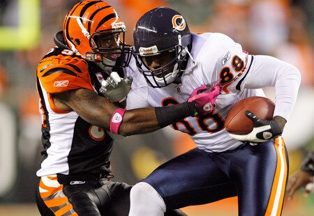 CINCINNATI - OCTOBER 25:  Kyries Hebert #34 of the Cincinnati Bengals tackles Desmond Clark #88 of the Chicago Bears during the NFL game at Paul Brown Stadium on October 25, 2009 in Cincinnati, Ohio.  The Bengals won 45-10.  <br /><br /><span class="help">(Photo by Andy Lyons/Getty Images)</span>