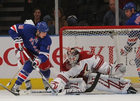 NEW YORK - OCTOBER 26: Marc Staal #18 of the New York Rangers is stopped by Ilya Bryzgalov #30 of the Phoenix Coyotes on October 26, 2009 at Madison Square Garden in New York, New York. <br /><br /><span class="help">(Photo by Bruce Bennett/Getty Images)</span>