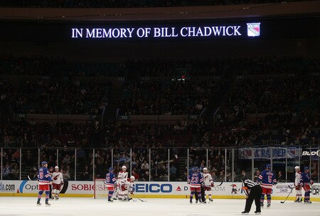 NEW YORK - OCTOBER 26: The New York Rangers and the Phoenix Coyotes pause as the Rangers recognize the passing of former broadcaster and referee Bill Chadwick at Madison Square Garden on October 26, 2009 in New York, New York. <br /><br /><span class="help">(Photo by Bruce Bennett/Getty Images)</span>