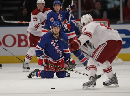 NEW YORK - OCTOBER 26: Enver Lisin #81 of the New York Rangers hits his knees to block a shot in his game against the Phoenix Coyotes at Madison Square Garden on October 26, 2009 in New York City.  <br /><br /><span class="help">(Photo by Bruce Bennett/Getty Images)</span>