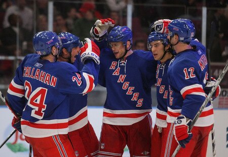NEW YORK - OCTOBER 26: Marian Gaborik #10 (C) of the New York Rangers celebrates his second period goal against the Phoenix Coyotes on October 26, 2009 at Madison Square Garden in New York City. <br /><br /><span class="help">(Photo by Bruce Bennett/Getty Images)</span>