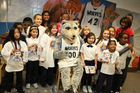 ST. PAUL, MN - OCTOBER 26:  Crunch poses for a picture with a group of students at the Fastbreak Foundation Basketball Reading and Learning Center dedication at the University Academy for Boys and Girls at North End Elementary School on October 26, 2009 in St. Paul, Minnesota.  <br /><br /><span class="help">(Photo by David Sherman/NBAE via Getty Images)</span>