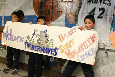 ST. PAUL, MN - OCTOBER 26:  Students hold up a sign in anticipation for Timberwolves players to arrive at the Fastbreak Foundation Basketball Reading and Learning Center dedication at the University Academy for Boys and Girls at North End Elementary School on October 26, 2009 in St. Paul, Minnesota.  <br /><br /><span class="help">(Photo by David Sherman/NBAE via Getty Images)</span>