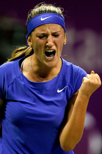 DOHA, QATAR - OCTOBER 27:  Victoria Azraenka of Belarus celebrates a point against Jelena Jankovic of Serbua in game one of round robin play during the Sony Ericsson WTA Championships on October 27, 2009 in Doha, Qatar.<br /><br /><span class="help">(Photo by Matthew Stockman/Getty Images)</span>
