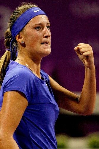DOHA, QATAR - OCTOBER 27:  Victoria Azraenka of Belarus celebrates match point against Jelena Jankovic of Serbua in game one of round robin play during the Sony Ericsson WTA Championships on October 27, 2009 in Doha, Qatar.  <br /><br /><span class="help">(Photo by Matthew Stockman/Getty Images)</span>