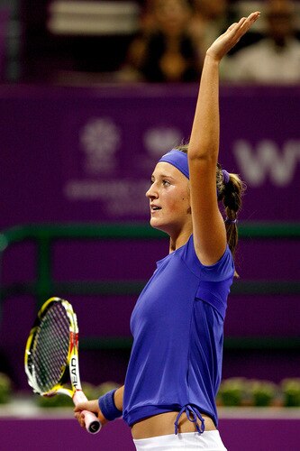 DOHA, QATAR - OCTOBER 27:  Victoria Azraenka of Belarus acknowledges the crowde after her win overJelena Jankovic of Serbia in game one of round robin play during the Sony Ericsson WTA Championships at the Khalifa International Tennis and Squash Complex on October 27, 2009 in Doha, Qatar.  <br /><br /><span class="help">(Photo by Matthew Stockman/Getty Images)</span>