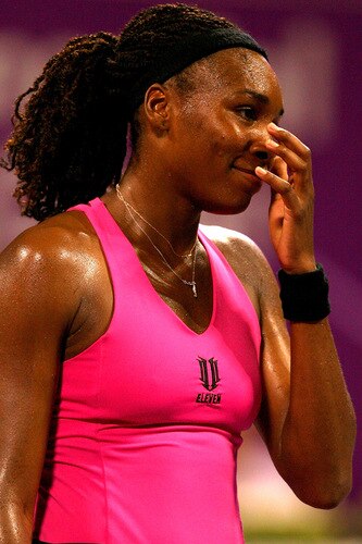 DOHA, QATAR - OCTOBER 27:  Venus Williams of the United States reacts to a lost point against Elena Dementieva of Russia in game one of round robin play during the Sony Ericsson WTA Championships at the Khalifa International Tennis and Squash Complex on October 27, 2009 in Doha, Qatar.  <br /><br /><span class="help">(Photo by Matthew Stockman/Getty Images)</span>