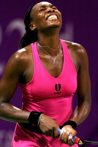 DOHA, QATAR - OCTOBER 27: Venus Williams of the United States reacts to a lost point against Elena Dementieva of Russia in game one of round robin play during the Sony Ericsson WTA Championships at the Khalifa International Tennis and Squash Complex on October 27, 2009 in Doha, Qatar.  <br /><br /><span class="help">(Photo by Matthew Stockman/Getty Images)</span>