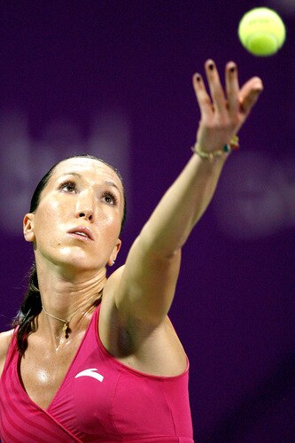 DOHA, QATAR - OCTOBER 27:  Jelena Jankovic of Serbia serves to Victoria Azraenka of Belarus in game one of round robin play during the Sony Ericsson WTA Championships at the Khalifa International Tennis and Squash Complex on October 27, 2009 in Doha, Qatar.  <br /><br /><span class="help">(Photo by Matthew Stockman/Getty Images)</span>
