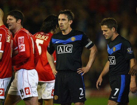 BARNSLEY, ENGLAND - OCTOBER 27:  Gary Neville of Manchester United looks on after being sent off by referee Chris Foy during the Carling Cup 4th Round match between Barnsley and Manchester United at Oakwell on October 27, 2009 in Barnsley, England.  <br /><br /><span class="help">(Photo by Alex Livesey/Getty Images)</span>