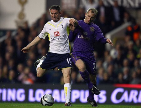 LONDON, ENGLAND - OCTOBER 27:  Robbie Keane of Spurs battles with Tony Hibbert of Everton during the Carling Cup 4th Round match between Tottenham Hotspur and Everton at White Hart Lane on October 27, 2009 in London, England.  <br /><br /><span class="help">(Photo by Julian Finney/Getty Images)</span>