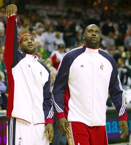 CLEVELAND - OCTOBER 27:  (L-R) LeBron James #23 and Shaquille O'Neal #33 of the Cleveland Cavaliers warm up prior to the season opener against the Boston Celtics at Quicken Loans Arena on October 27, 2009 in Cleveland, Ohio.  <br /><br /><span class="help">(Photo by Gregory Shamus/Getty Images)</span>