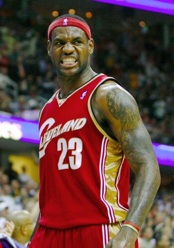 CLEVELAND - OCTOBER 27:  LeBron James #23 of the Cleveland Cavaliers reacts during the season opener against the Boston Celtics at Quicken Loans Arena on October 27, 2009 in Cleveland, Ohio.  <br /><br /><span class="help">(Photo by Gregory Shamus/Getty Images)</span>