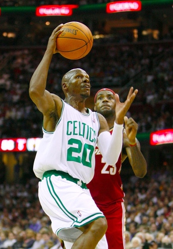 CLEVELAND - OCTOBER 27:  Ray Allen #20 of the Boston Celtics goes up for a shot against LeBron James #23 of the Cleveland Cavaliers during the season opener at Quicken Loans Arena on October 27, 2009 in Cleveland, Ohio.  <br /><br /><span class="help">(Photo by Gregory Shamus/Getty Images)</span>