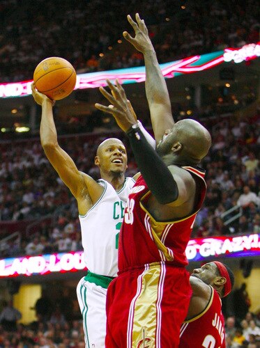 CLEVELAND - OCTOBER 27:  Ray Allen #20 of the Boston Celtics puts up a shot against Shaquille O'Neal #33 of the Cleveland Cavaliers during the season opener at Quicken Loans Arena on October 27, 2009 in Cleveland, Ohio.  <br /><br /><span class="help">(Photo by Gregory Shamus/Getty Images)</span>