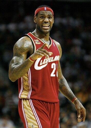 CLEVELAND - OCTOBER 27:  LeBron James #23 of the Cleveland Cavaliers reacts during the season opener against the Boston Celtics at Quicken Loans Arena on October 27, 2009 in Cleveland, Ohio.  <br /><br /><span class="help">(Photo by Gregory Shamus/Getty Images)</span>