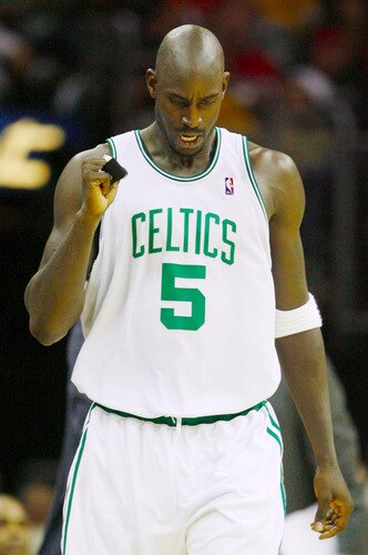 CLEVELAND - OCTOBER 27:  Kevin Garnett #5 of the Boston Celtics reacts during the season opener against the Cleveland Cavaliers at Quicken Loans Arena on October 27, 2009 in Cleveland, Ohio.  <br /><br /><span class="help">(Photo by Gregory Shamus/Getty Images)</span>
