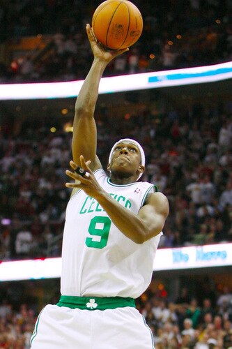 CLEVELAND - OCTOBER 27:  Rajon Rondo #9 of the Boston Celtics puts up a shot during the season opener against the Cleveland Cavaliers at Quicken Loans Arena on October 27, 2009 in Cleveland, Ohio.  <br /><br /><span class="help">(Photo by Gregory Shamus/Getty Images)</span>