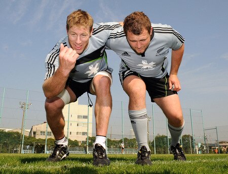 TOKYO - OCTOBER 28:  Brad Thorn (L) and Tony Woodcock pack down during a New Zealand All Blacks training session at Kubota Spears Rugby Field in Chiba on October 28, 2009 in Funabashi, Japan.  <br /><br /><span class="help">(Photo by Ross Land/Getty Images)</span>