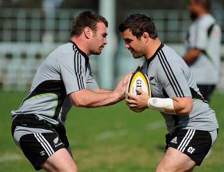 TOKYO - OCTOBER 28:  Hookers Andrew hore (L) and Cory Flynn in action during a New Zealand All Blacks training session at Kubota Spears Rugby Field in Chiba on October 28, 2009 in Funabashi, Japan.  <br /><br /><span class="help">(Photo by Ross Land/Getty Images)</span>