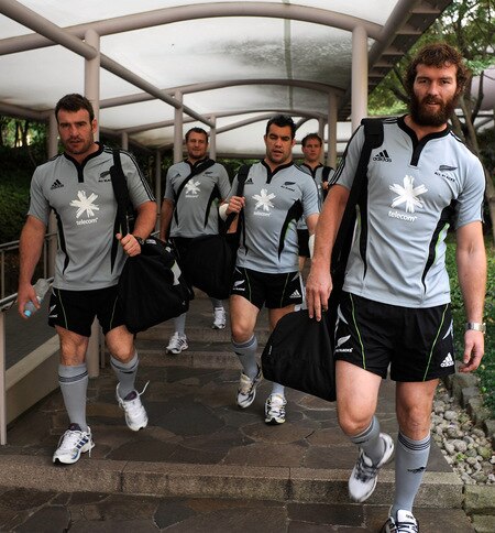 TOKYO - OCTOBER 28:  (L to R) Andrew Hore, Tony Woodcock, Cory Flynn, Andy Ellis and Jason Eaton leave the team hotel for a New Zealand All Blacks training session at Kubota Spears Rugby Field in Chiba on October 28, 2009 in Funabashi, Japan.  <br /><br /><span class="help">(Photo by Ross Land/Getty Images)</span>