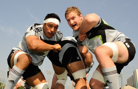 TOKYO - OCTOBER 28: Tanerau Latimer (L) and Kieran read pack down during a New Zealand All Blacks training session at Kubota Spears Rugby Field in Chiba on October 28, 2009 in Funabashi, Japan.  <br /><br /><span class="help">(Photo by Ross Land/Getty Images)</span>
