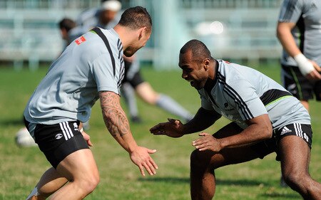 TOKYO - OCTOBER 28:  Luke McAlister (L) and Sitiveni Sivivatu wrestle during a New Zealand All Blacks training session at Kubota Spears Rugby Field in Chiba on October 28, 2009 in Funabashi, Japan.  <br /><br /><span class="help">(Photo by Ross Land/Getty Images)</span>