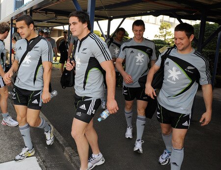 TOKYO - OCTOBER 28:  (L to R) Tamati Ellison, Zac Guilford, Ben Smith and Mike Delany arrive at a New Zealand All Blacks training session at Kubota Spears Rugby Field in Chiba on October 28, 2009 in Funabashi, Japan.  <br /><br /><span class="help">(Photo by Ross Land/Getty Images)</span>