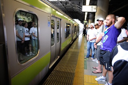 TOKYO - OCTOBER 28:  (L to R) Cory Jane, John Afoa, Kieran Read and Owen Franks catch the tube on a scenic tour around Tokyo following a New Zealand All Blacks training session at Kubota Spears Rugby Field in Chiba on October 28, 2009 in Funabashi, Japan.  <br /><br /><span class="help">(Photo by Ross Land/Getty Images)</span>