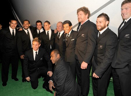 TOKYO - OCTOBER 28:  (L to R) Tamati Ellison, John Afoa, Cory Flyn, Luke McAlister, Sitiveni Sivivatu, Graham Henry, Adam Thomson, Cory Jane and Tom Donnely of the All Blacks pose for a photograph with Japanese actor and celebraty Hiroshi Tacki (C) during the opening ceremony of "Giant Rugby Ball", promoting 2011 IRB World Cup at Tokyo Tower on October 28, 2009 in Tokyo, Japan.  <br /><br /><span class="help">(Photo by Ross Land/Getty Images)</span>