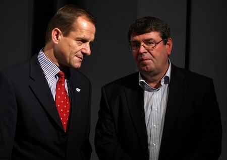 HERZOGENAURACH, GERMANY - OCTOBER 28:  Alfons Hoermann (L), President of the German Ski Federation talks to Thomas Pfueller, secretary general of the German Ski Federation during a press conference at the German athlete Winter kit preview at the adidas Brand Center on October 28, 2009 in Herzogenaurach, Germany.  <br /><br /><span class="help">(Photo by Alexander Hassenstein/Bongarts/Getty Images)</span>