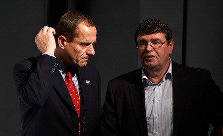HERZOGENAURACH, GERMANY - OCTOBER 28:  Alfons Hoermann (L), President of the German Ski Federation talks to Thomas Pfueller, secretary general of the German Ski Federation during a press conference at the German athlete Winter kit preview at the adidas Brand Center on October 28, 2009 in Herzogenaurach, Germany.  <br /><br /><span class="help">(Photo by Alexander Hassenstein/Bongarts/Getty Images)</span>