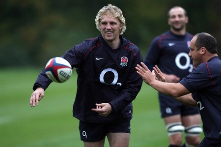 BAGSHOT, ENGLAND - OCTOBER 28: Lewis Moody passes the ball during the England training session held at Pennyhill Park on October 28, 2009 in Bagshot, England.  <br /><br /><span class="help">(Photo by David Rogers/Getty Images)</span>