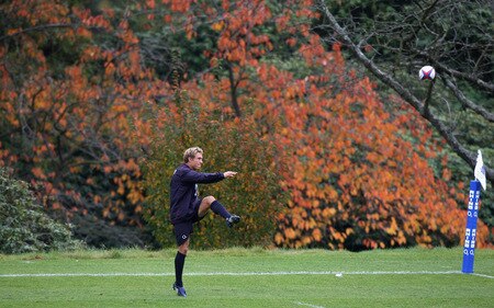 BAGSHOT, ENGLAND - OCTOBER 28:  Jonny Wilkinson kicks the ball upfield during the England training session held at Pennyhill Park on October 28, 2009 in Bagshot, England.  <br /><br /><span class="help">(Photo by David Rogers/Getty Images)</span>
