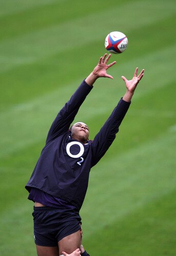 BAGSHOT, ENGLAND - OCTOBER 28:  Courtney Lawes catches the ball during the England training session held at Pennyhill Park on October 28, 2009 in Bagshot, England.  <br /><br /><span class="help">(Photo by David Rogers/Getty Images)</span>