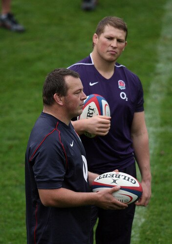 BAGSHOT, ENGLAND - OCTOBER 28:  England hookers Steve Thompson is watched by Dylan Hartley during the England training session held at Pennyhill Park on October 28, 2009 in Bagshot, England.  <br /><br /><span class="help">(Photo by David Rogers/Getty Images)</span>