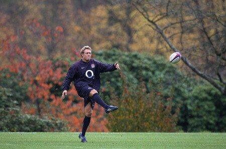 BAGSHOT, ENGLAND - OCTOBER 28:  Jonny Wilkinson kicks the ball upfield during the England training session held at Pennyhill Park on October 28, 2009 in Bagshot, England.  <br /><br /><span class="help">(Photo by David Rogers/Getty Images)</span>