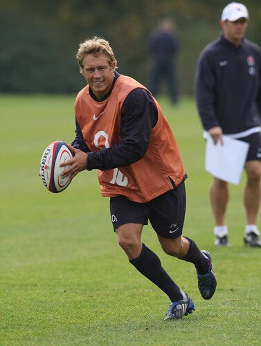 BAGSHOT, ENGLAND - OCTOBER 28:  Jonny Wilkinson runs with the ball during the England training session held at Pennyhill Park on October 28, 2009 in Bagshot, England.  <br /><br /><span class="help">(Photo by David Rogers/Getty Images)</span>