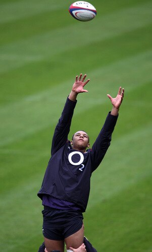 BAGSHOT, ENGLAND - OCTOBER 28:  Courtney Lawes catches the ball during the England training session held at Pennyhill Park on October 28, 2009 in Bagshot, England.  <br /><br /><span class="help">(Photo by David Rogers/Getty Images)</span>