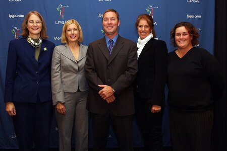 NEW YORK - OCTOBER 28:  (L-R) Leslie Greis, Dawn Hudson, Michael Whan, Helen Alfredsson and Michelle Ellis pose for a photo during a press conference to announce Whan as the new LPGA Commissioner on October 28, 2009 in Club Bar & Grill at Madison Square Garden in New York, New York. <br /><br /><span class="help">(Photo by Mike Stobe/Getty Images for the LPGA)</span>