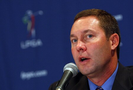 NEW YORK - OCTOBER 28:  Michael Whan speaks to the media after being named LPGA Commissioner on October 28, 2009 in Club Bar & Grill at Madison Square Garden in New York, New York. <br /><br /><span class="help">(Photo by Mike Stobe/Getty Images for the LPGA)</span>