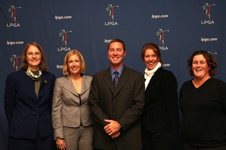 NEW YORK - OCTOBER 28:  Michael Whan is announced as the new commissioner of the LPGA and poses for a photo with LPGA directors Leslie Greis (L) and Dawn Hudson (2nd L) and LPGA players Helen Alfredsson (2nd R) and Michelle Ellis (R) following a press conference at Madison Square Garden on October 28, 2009 in New York, New York.  <br /><br /><span class="help">(Photo by Chris Trotman/Getty Images)</span>